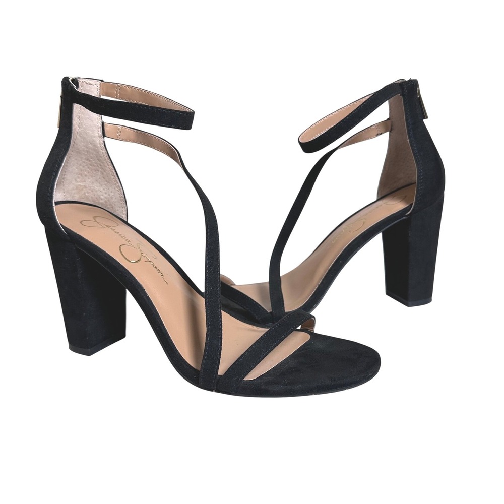 Jessica Simpson Sloyan Black Strappy Block Heel Sandals Back Zip Womens 8.5 M
